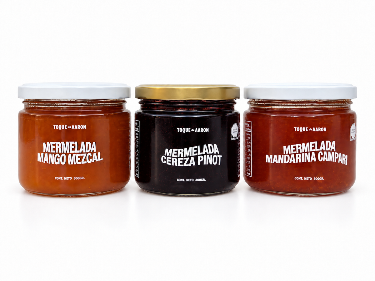 Kit de Mermeladas Especiales Toque de Aaron con Mango Mezcal, Cereza Pinot y Mandarina Campari, tres frascos de 300 g.