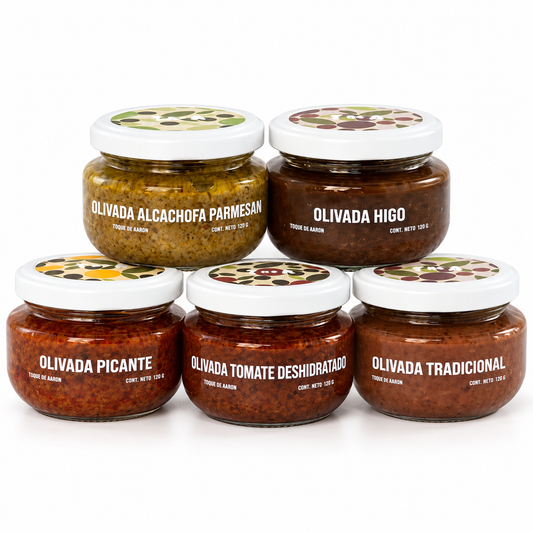 Kit de 5 olivadas Toque de Aaron de 120 g: Alcachofa Parmesano, Higo, Picante, Tomate Deshidratado y Tradicional