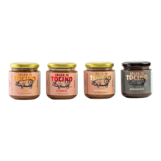 Colección artesanal de jaleas de tocino sabores bbq, chocolate, caramelo y picante