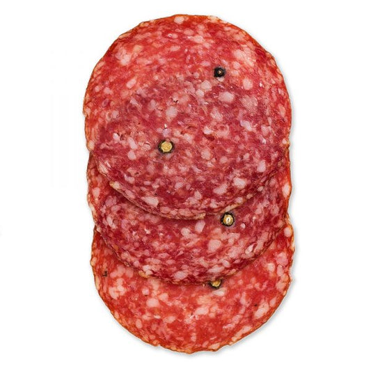 Salami gourmet madurado con ajo y pimienta.